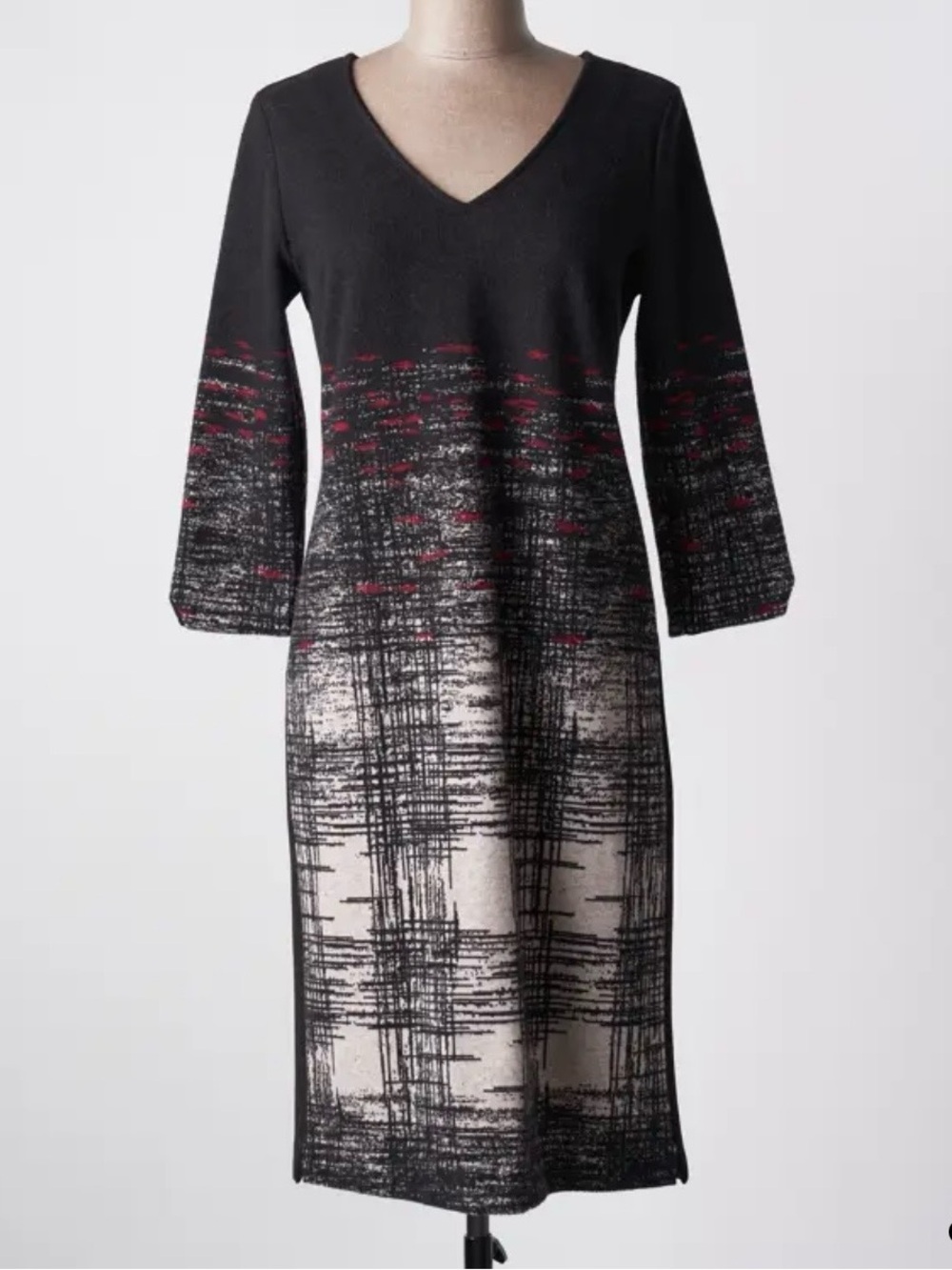 French Designer Black V-Neck Midi Dress With 3/4 Sleeves and Abstract Pattern